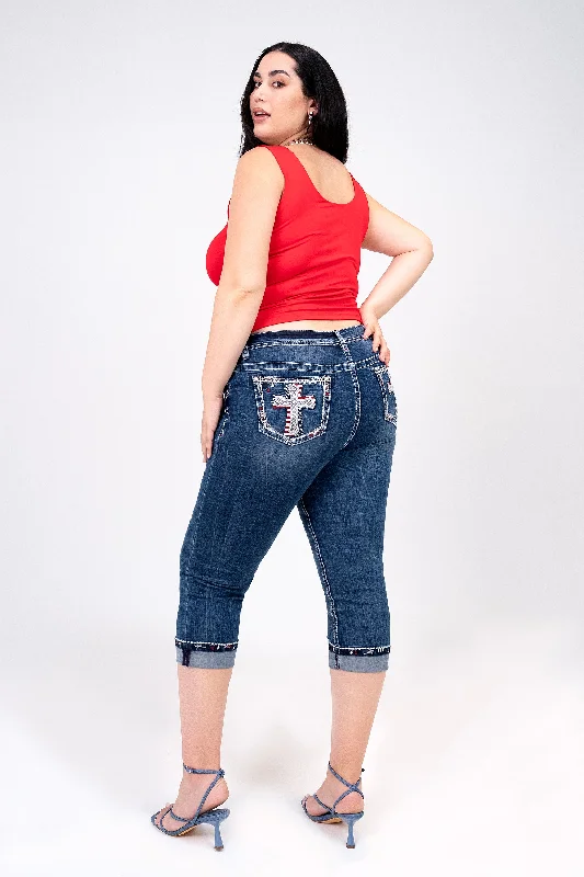 Americana Cross Embellished Women's Plus Size Capri Jeans