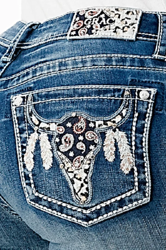 Steer Head Embellishment Mid Rise Bootcut Jeans