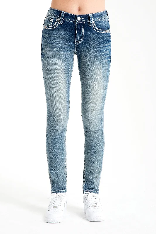 Aztec/Feather Embellished Mid Rise Skinny Jeans