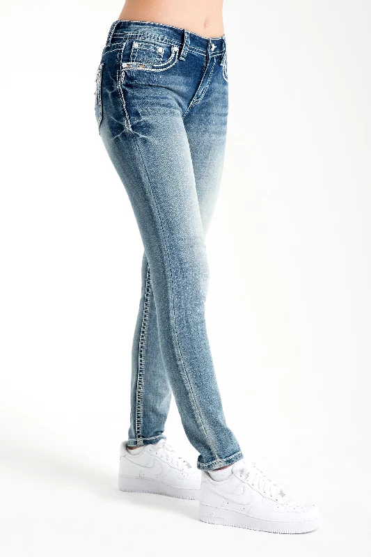 Aztec/Feather Embellished Mid Rise Skinny Jeans