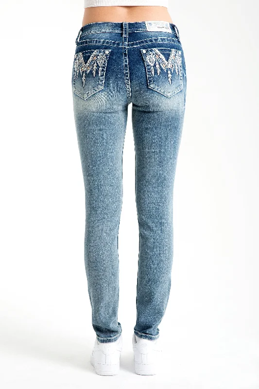 Aztec/Feather Embellished Mid Rise Skinny Jeans