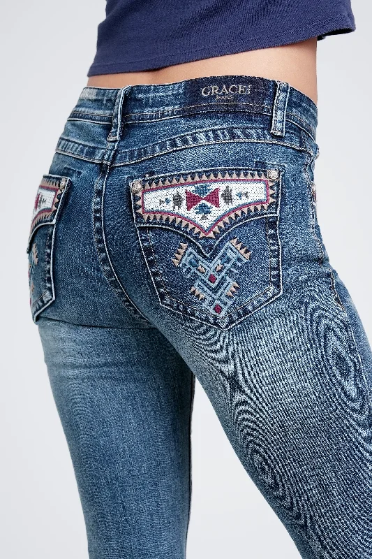 Aztec Modify Faux Flap Mid Rise Bootcut Jeans