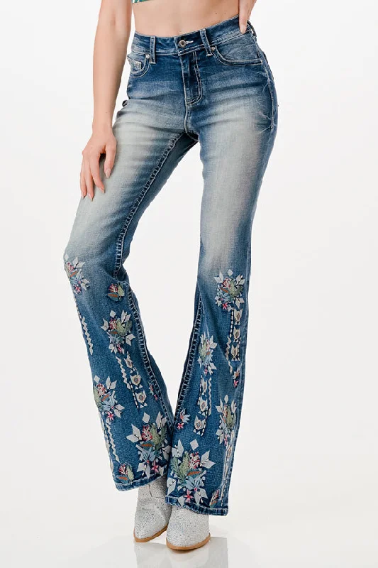 Floral Embroidered High Waist Flare Jeans