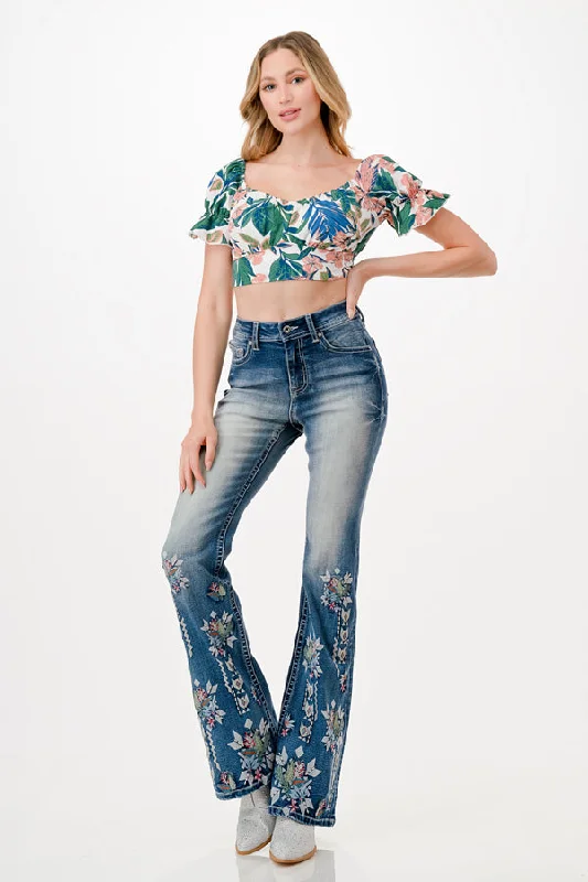 Floral Embroidered High Waist Flare Jeans