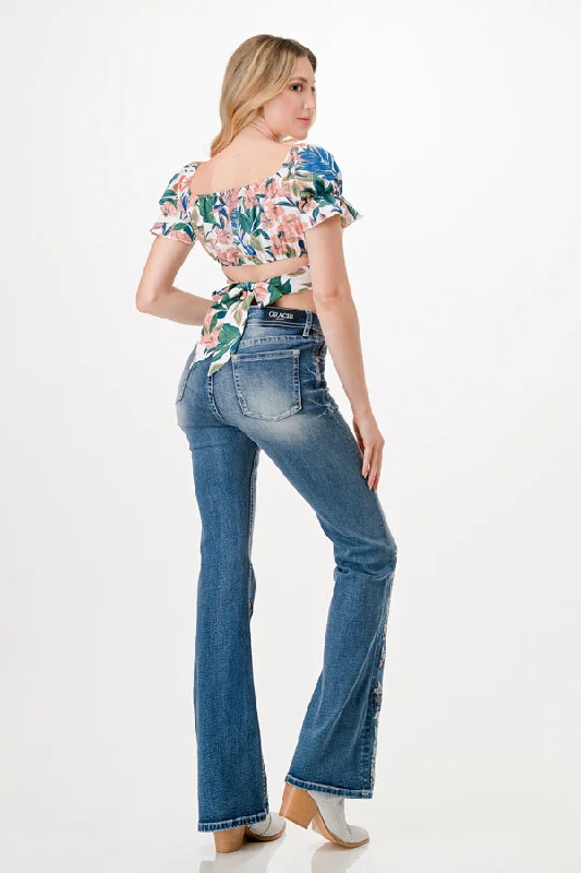 Floral Embroidered High Waist Flare Jeans