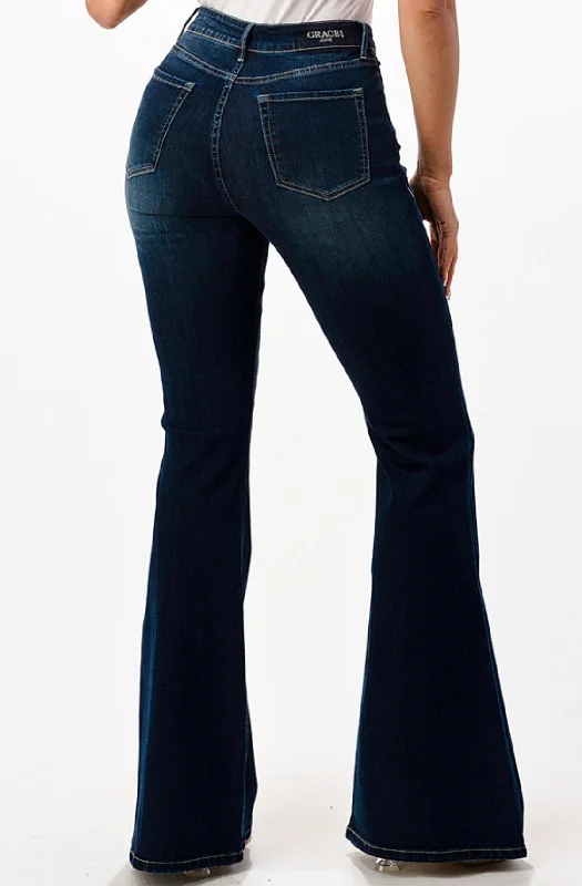 Basic Dark Blue Wash Mid Rise Flare Jeans