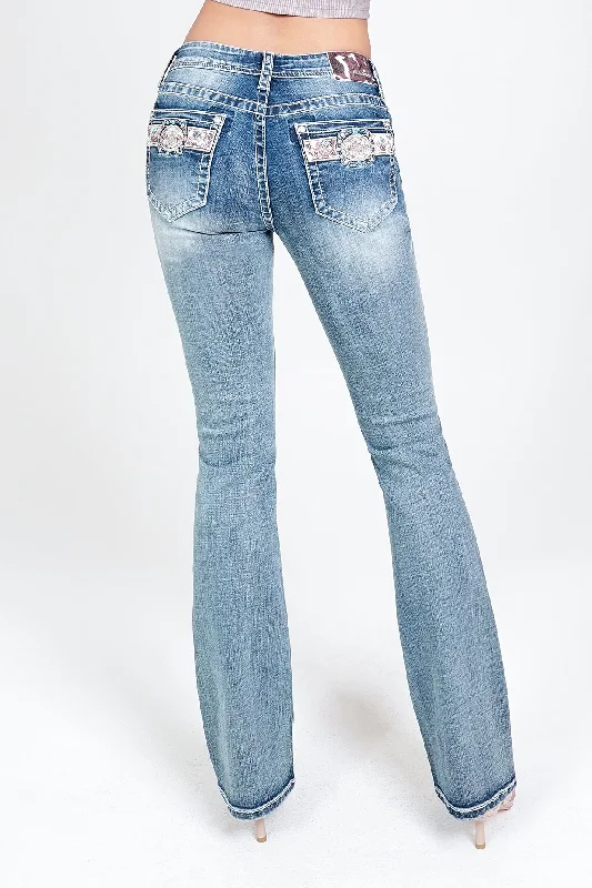 Belt Buckle/Horsehide Hair Mid Rise Bootcut Embellished Jeans