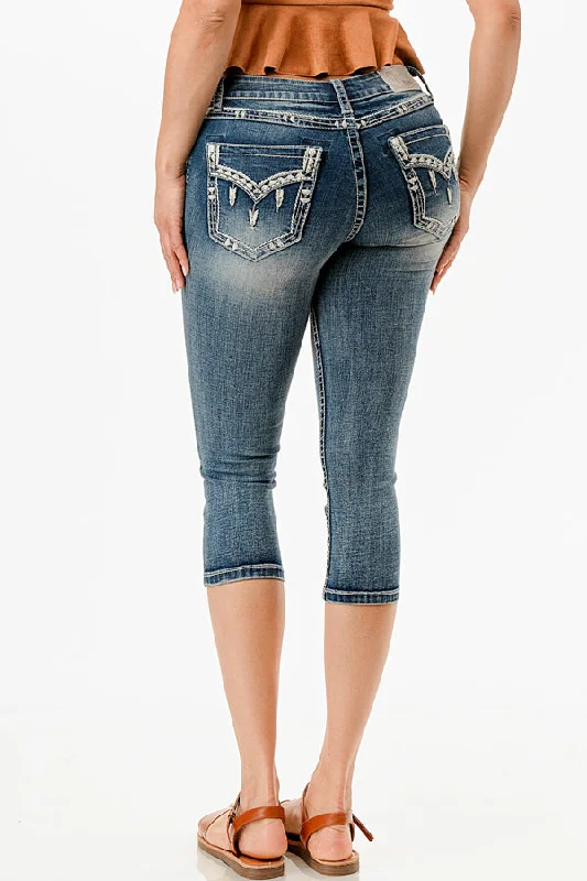 Border Faux Flap Embellishment Mid Rise Capri Jeans