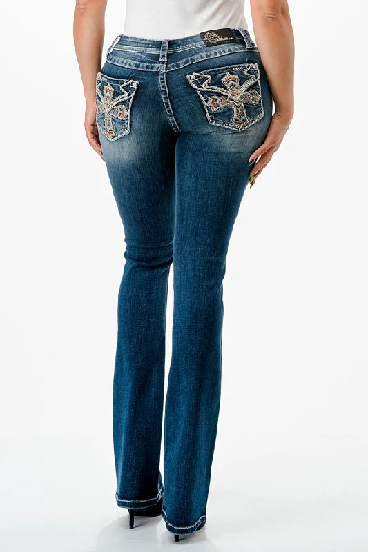 Cross Embellished Mid Rise Women's Bootcut Jeans