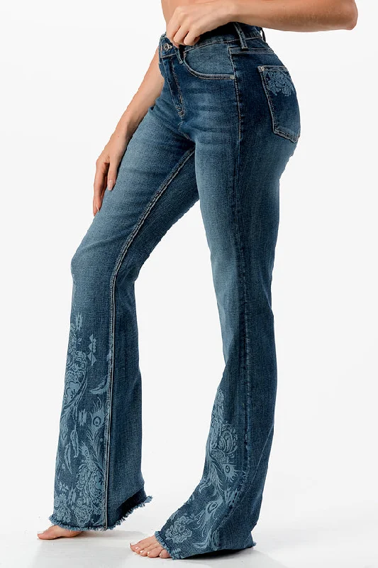 Feather Print Embroidered High Waist Flare Jeans