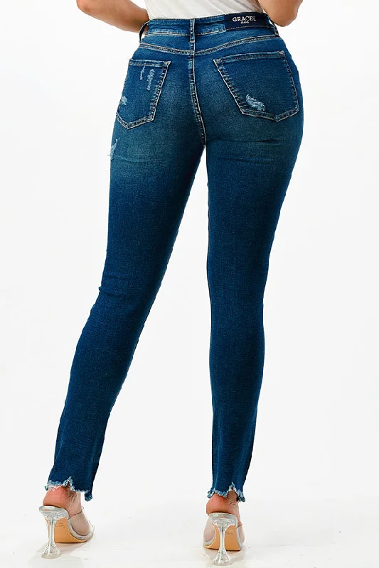 Distressed  Medium Blue  Knit Denim Mid Rise Skinny Jeans