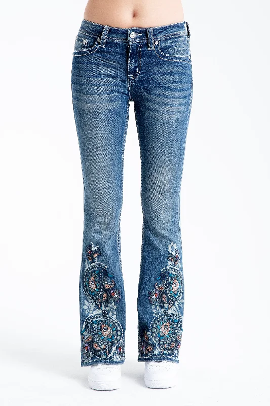 Floral Embroidered Mid Rise Flare Jeans