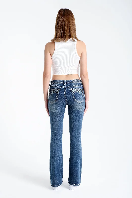 Floral Embroidered Mid Rise Flare Jeans