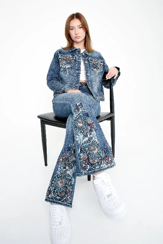 Floral Embroidered Mid Rise Flare Jeans