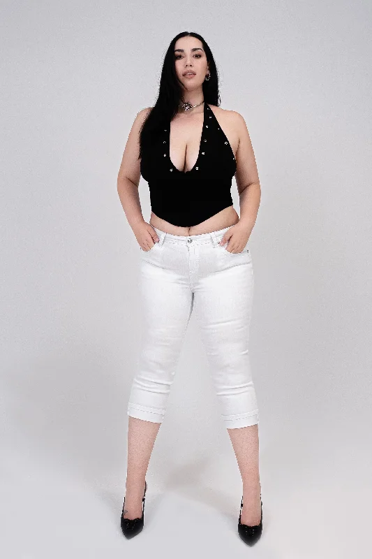 Floral Embellished Plus Size White Capri Pants