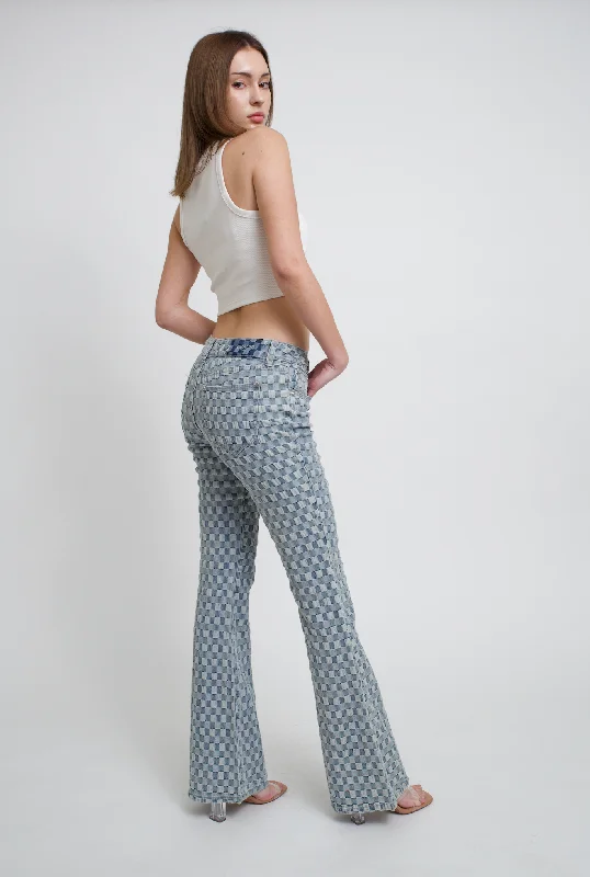 Jacquard Plaid Basic Mid Rise Flare Jeans