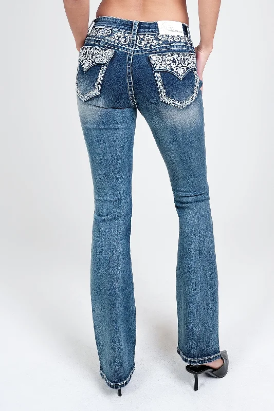 Western Embroidery Yoke Details Embellished Mid Rise Bootcut Jeans