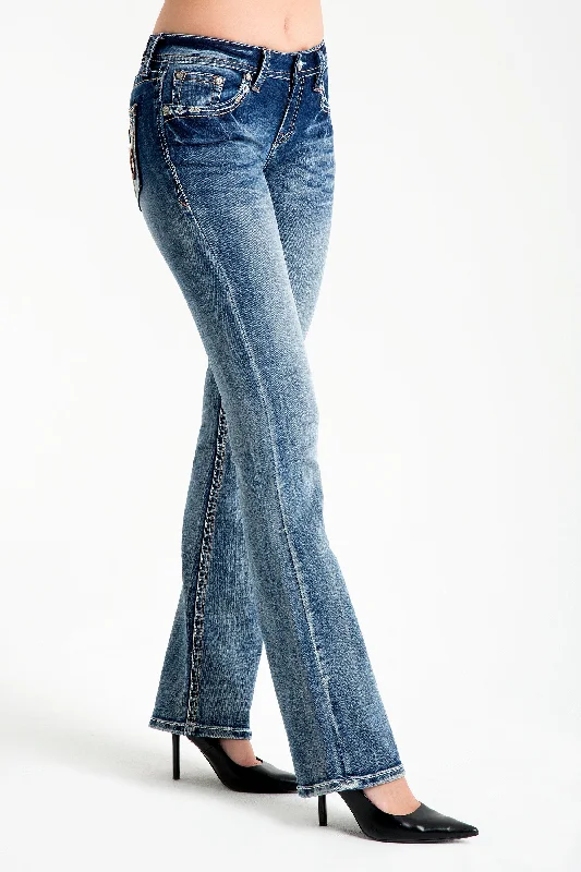 Steer Head Colorful Embellished Low Rise Bootcut Jeans