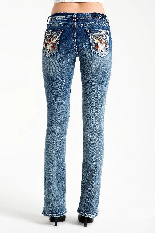 Steer Head Colorful Embellished Low Rise Bootcut Jeans