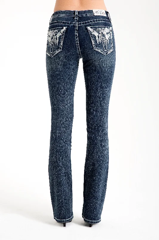 Floral Steer Head Bootcut Embellished Jeans