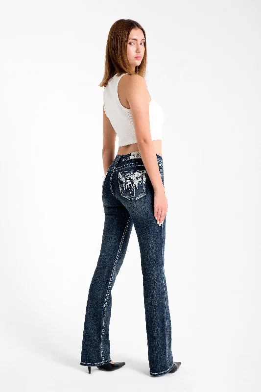 Floral Steer Head Bootcut Embellished Jeans