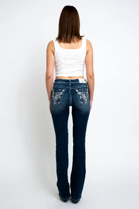 Steer Head Mid Rise Bootcut Embellished Jeans