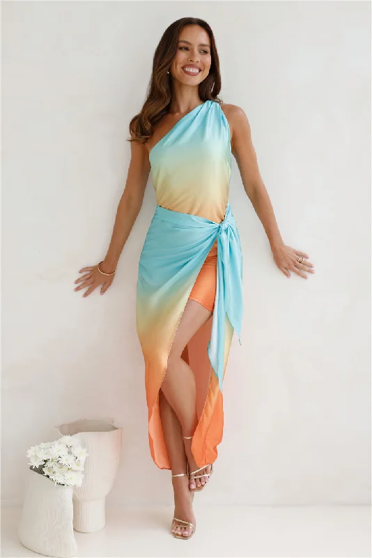 Ariel One Shoulder Satin Midi Dress Aqua