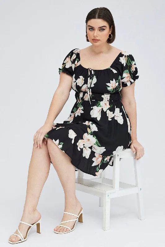 Black Floral Mini Dress Short Sleeve Gathered Bust