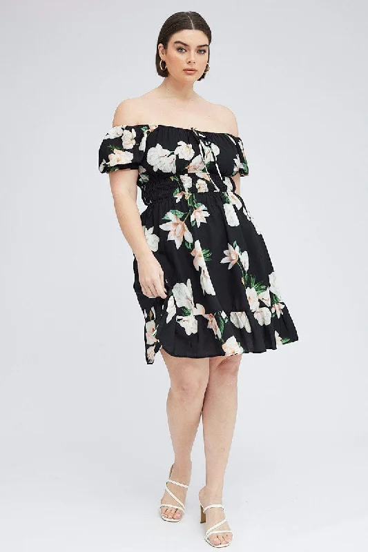 Black Floral Mini Dress Short Sleeve Gathered Bust