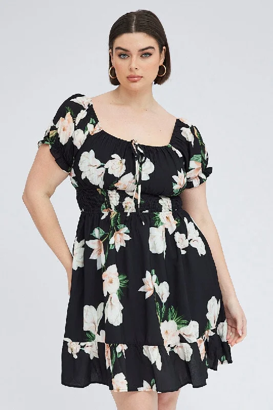 Black Floral Mini Dress Short Sleeve Gathered Bust