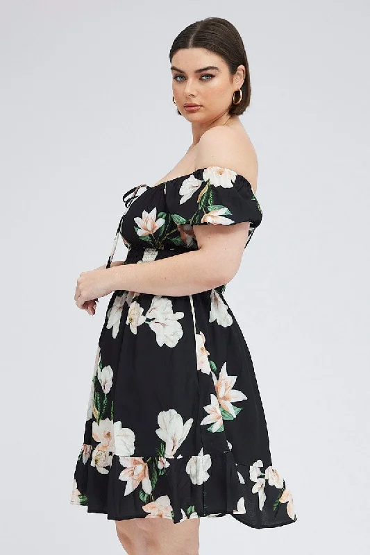 Black Floral Mini Dress Short Sleeve Gathered Bust