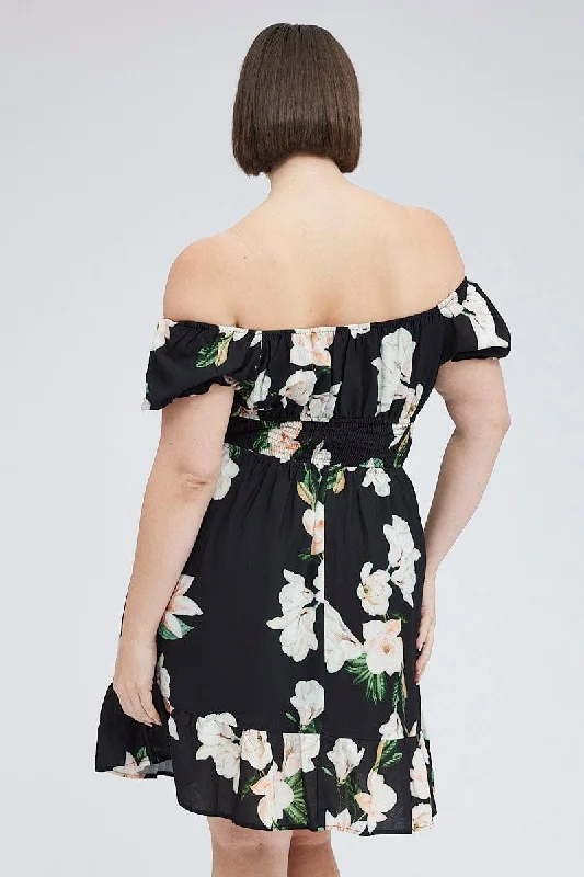 Black Floral Mini Dress Short Sleeve Gathered Bust