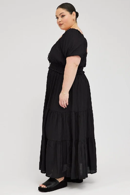 Black Midi Dress Short Sleeve Tiered Cut Out