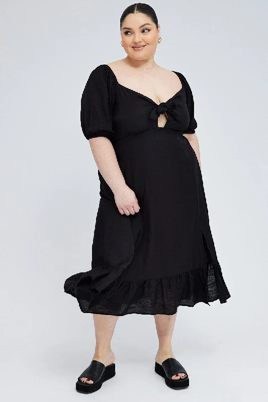 Black Tie Front Midi Dress Short Puff Sleeve Split Front