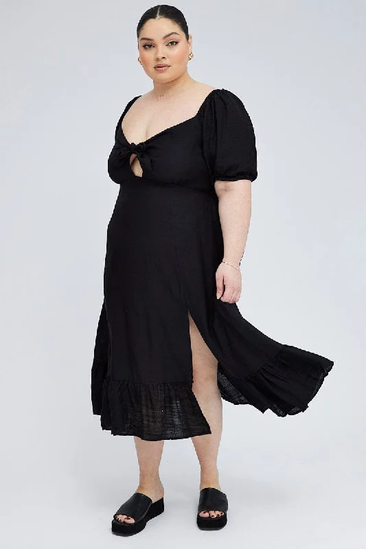 Black Tie Front Midi Dress Short Puff Sleeve Split Front