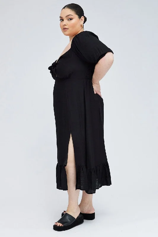 Black Tie Front Midi Dress Short Puff Sleeve Split Front