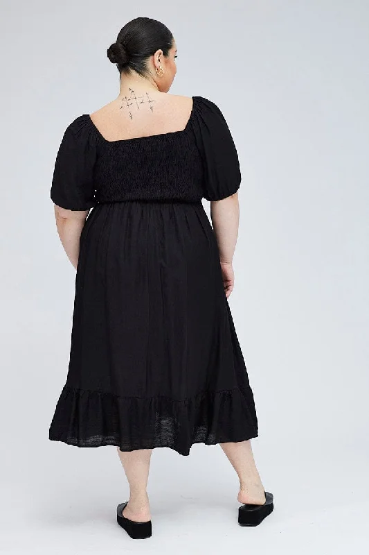 Black Tie Front Midi Dress Short Puff Sleeve Split Front