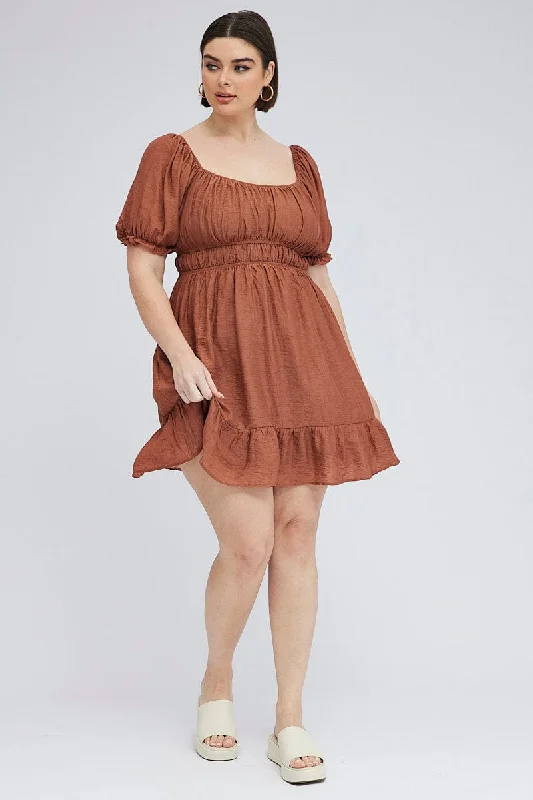 Brown Mini Dress Gather Waist Frill Hem