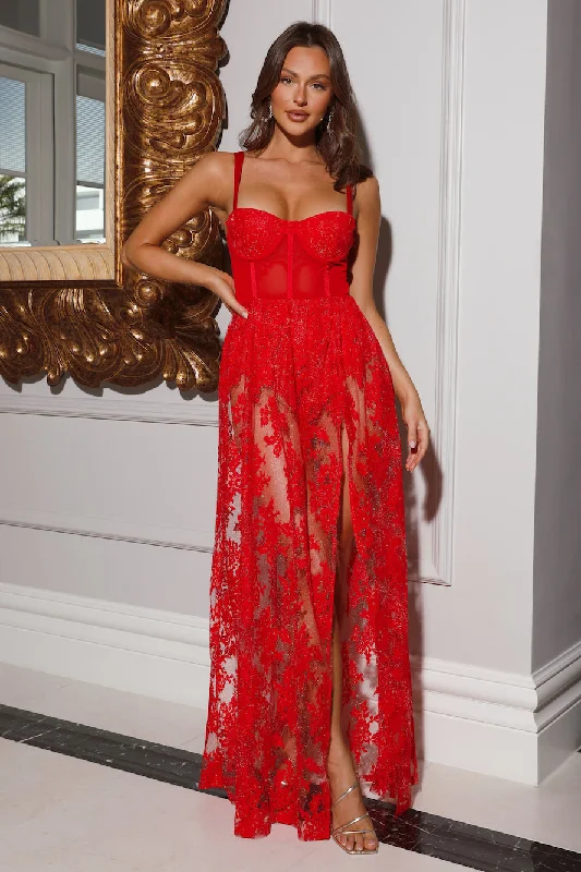 DEAR EMILIA Sultry Nights Out Lace Maxi Dress Red