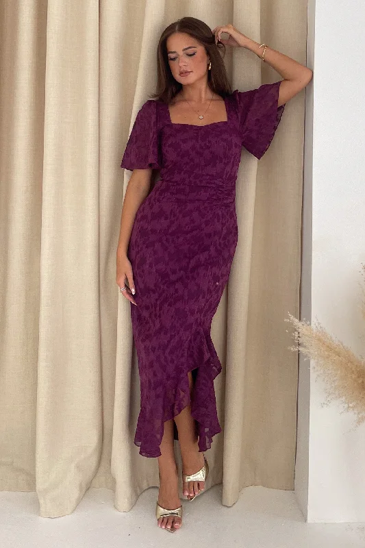 Heidi Deep Purple Burnout Ruched Midi Dress