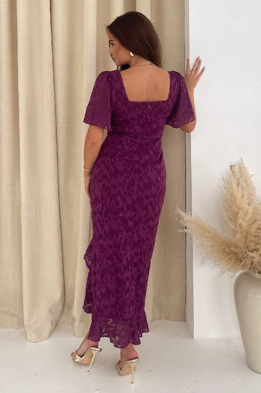 Heidi Deep Purple Burnout Ruched Midi Dress