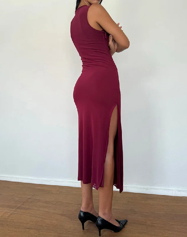 Marlo Asymmetric Midi Dress in Burgundy