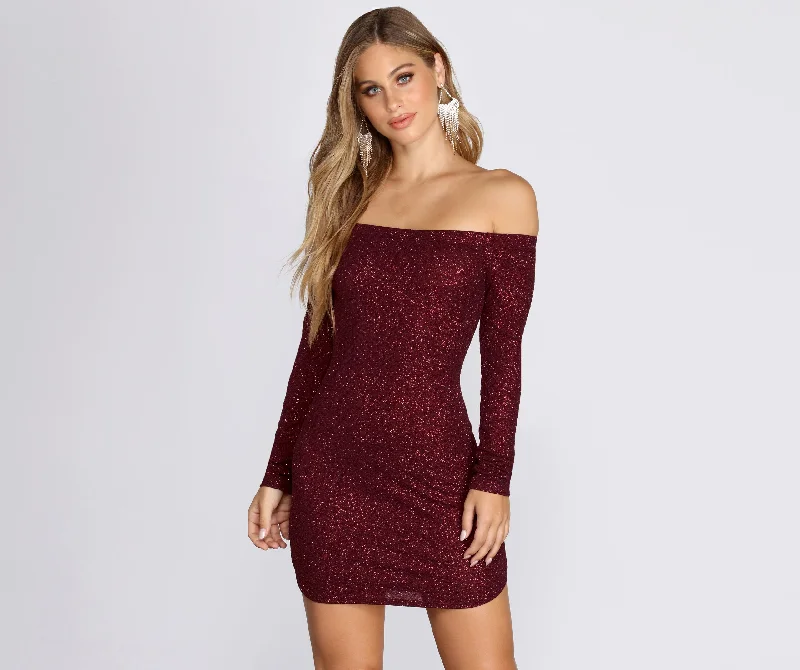 Off Shoulder Long Sleeve Glittering Mini Dress