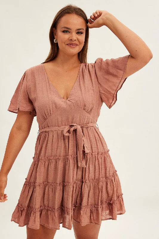 Pink Mini Dress Short Flare Sleeve Textured Frill