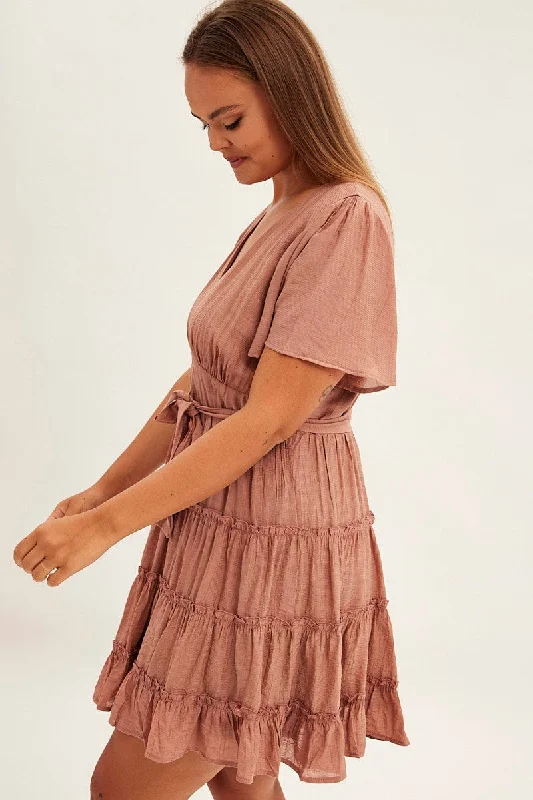 Pink Mini Dress Short Flare Sleeve Textured Frill