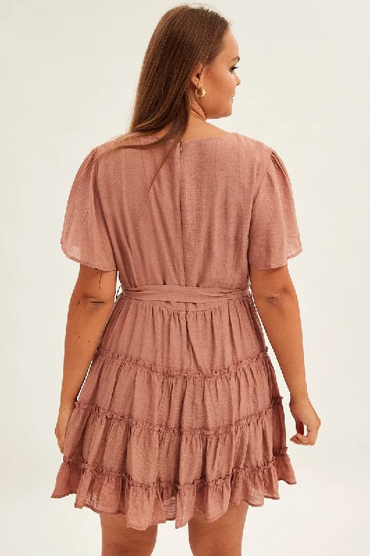 Pink Mini Dress Short Flare Sleeve Textured Frill