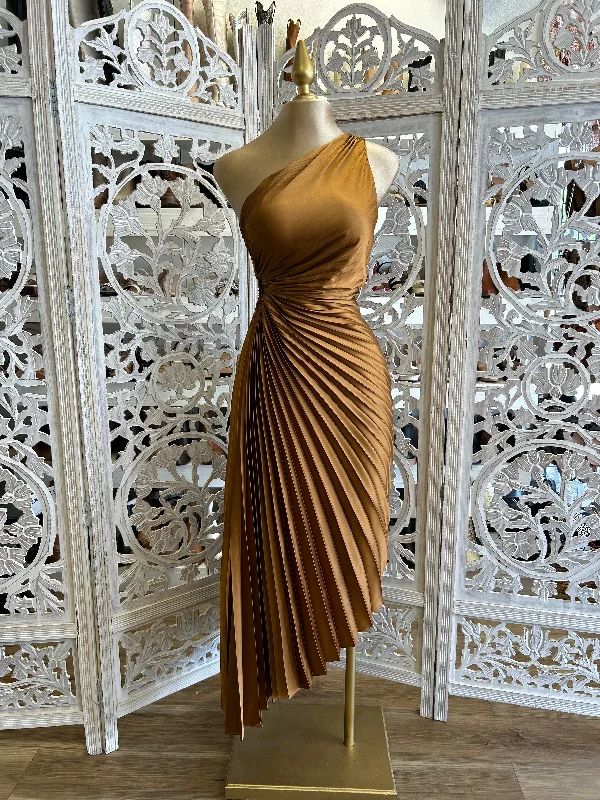 Pleated Cutout Bronze Dress- Not Stretchy