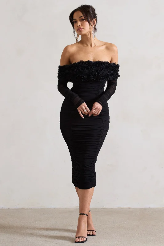 Sierra | Black Mesh Ruched Floral Bardot Lace-Up Midi Dress