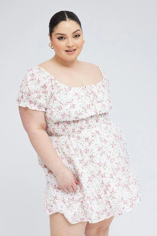 White Floral Fit And Flare Dress Short Sleeve