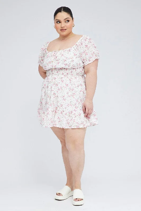 White Floral Fit And Flare Dress Short Sleeve